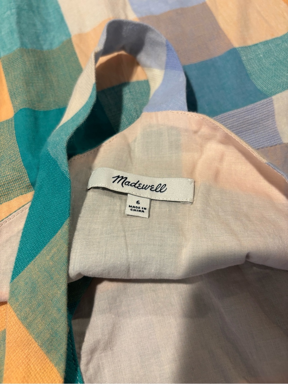 Madewell Button-Front Plaid Sundress in Teal, Peach. Lined. Side pockets - Picture 5 of 6